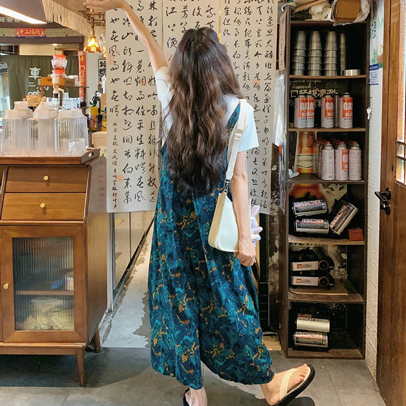 蓝色多巴胺印花背带裤女夏2024新款韩版高腰显瘦垂坠感减龄阔腿裤