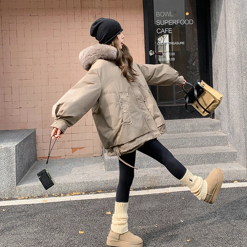 韩国东大门毛领工装派克服女冬新款宽松小个子白鸭绒保暖加厚外套