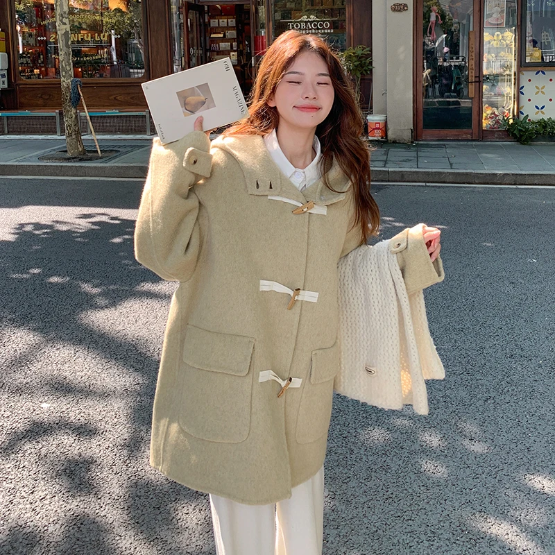 中长款牛角扣连帽毛呢外套女秋冬新款学院风小个子双面羊绒呢大衣