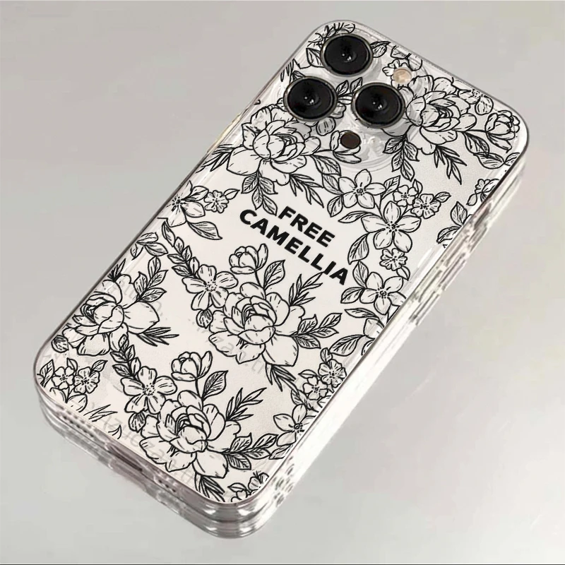 壳玛仕黑白月季花适用iphone15苹果13手机壳14promax透明12xr新11