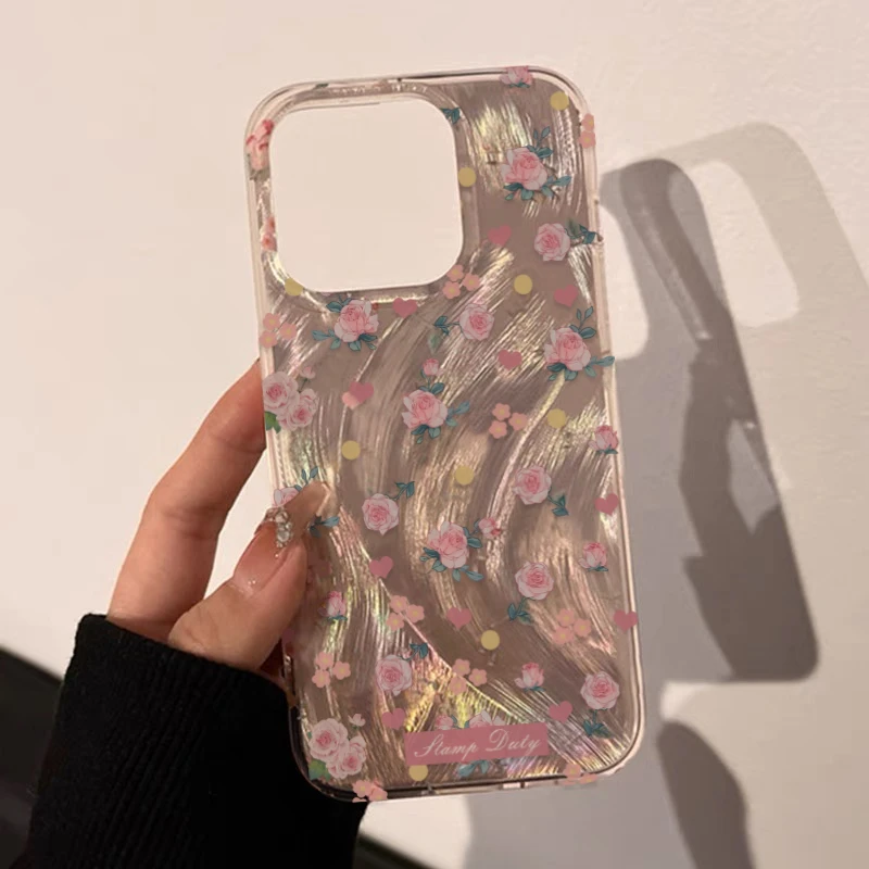 春日粉色碎花苹果15手机壳iPhone14promax羽毛纹IMD毛球挂件13/12