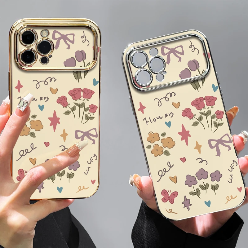 蝴蝶花朵适用iPhone14promax手机壳苹果15电镀金银视窗13软胶12女