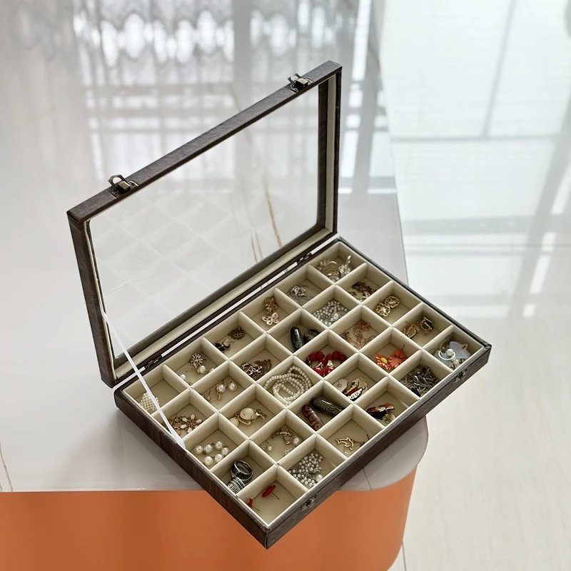 翻盖透明玻璃大容量格子珍珠耳钉耳环饰品收纳盒化妆台手链戒指盒