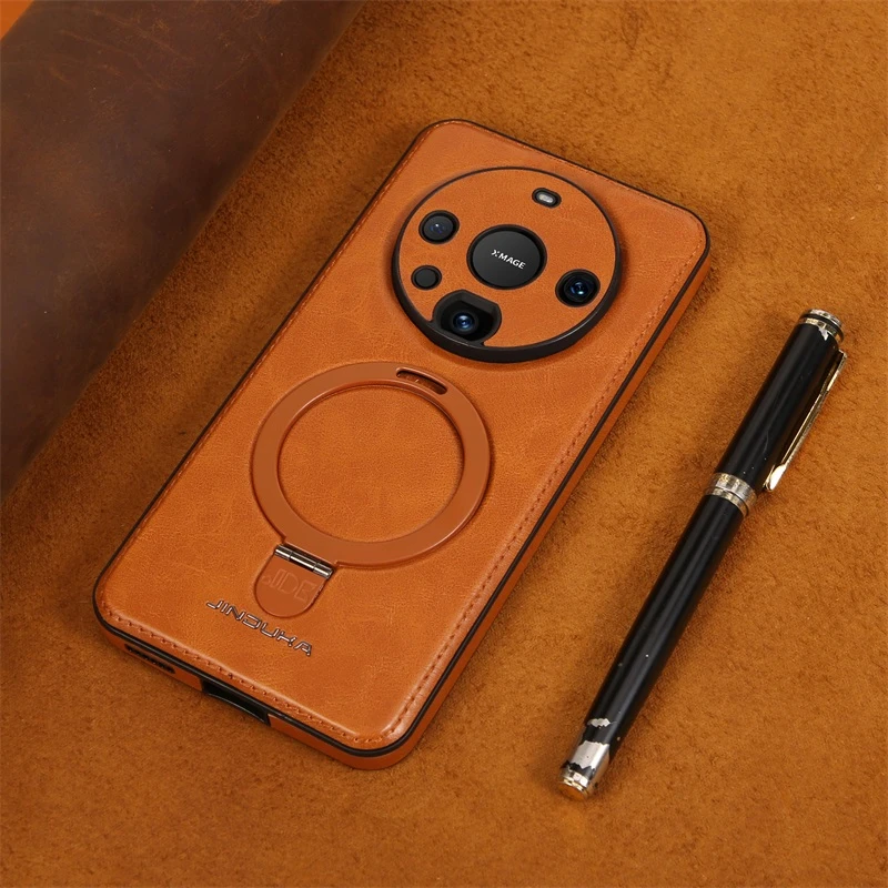 适用华为mate60真皮商务皮纹镜头全包多功能磁吸支架防摔手机壳