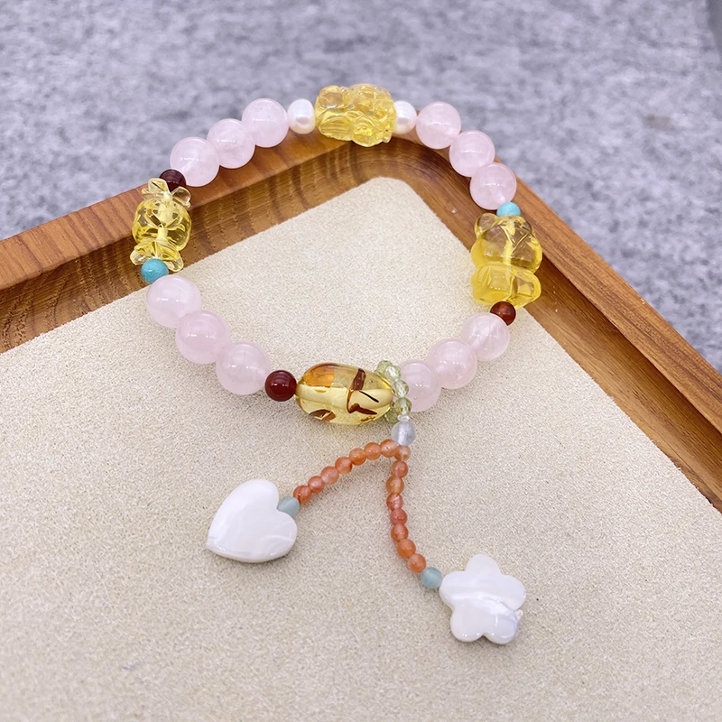 天然琥珀小熊貔貅手链手串百搭可爱时尚气质粉色轻奢单圈女款