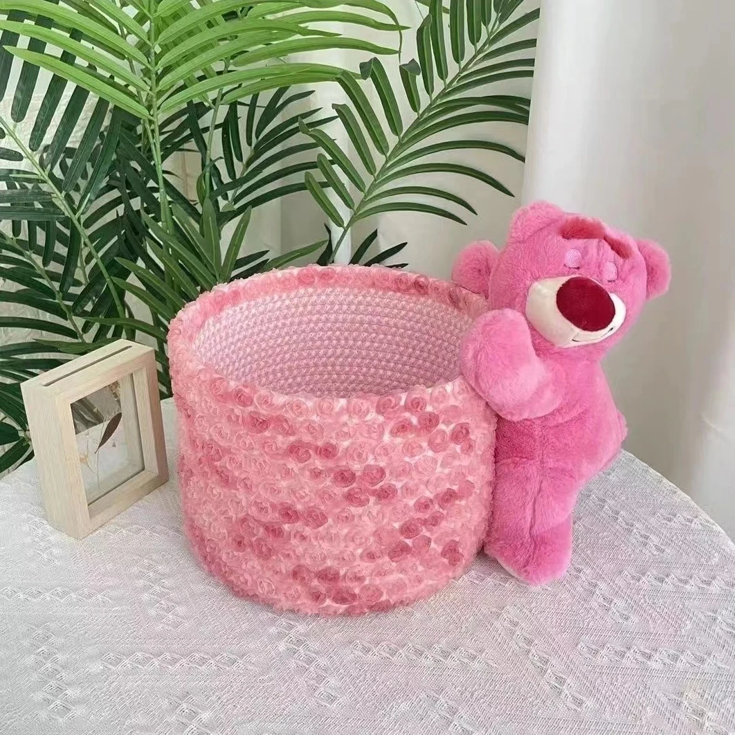 玫瑰草莓熊抱抱桶粉色卡通可爱收纳筐零食收纳化妆品面膜彩妆收纳