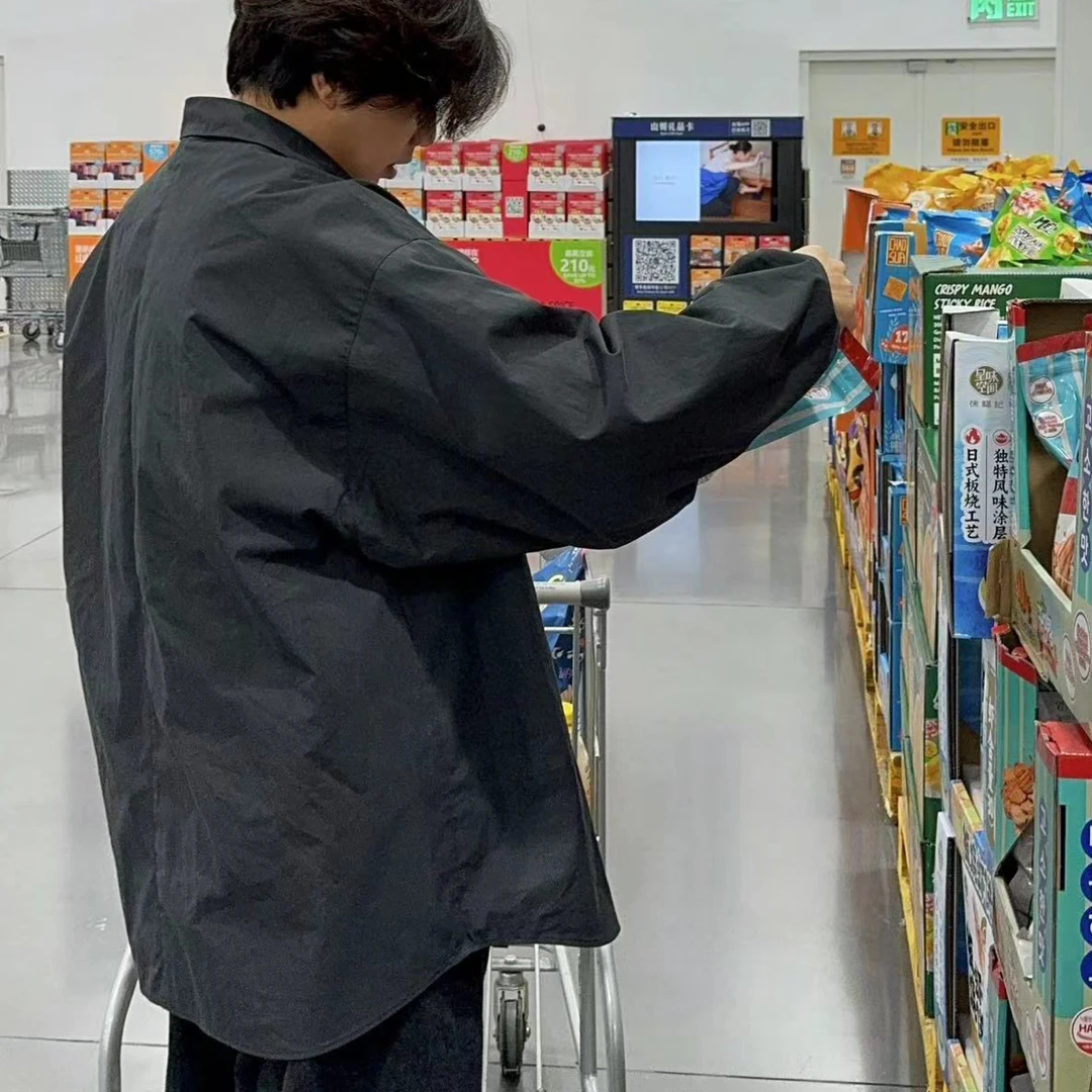 YE歪一黑色宽松美式长袖衬衫薄款