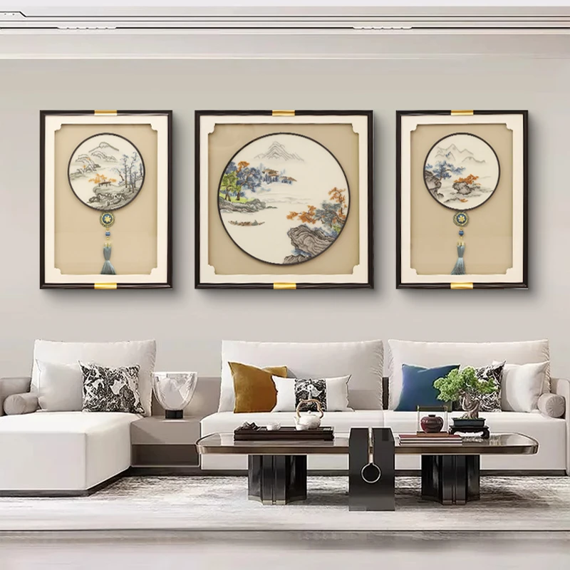 【苏绣坊】高档刺绣画挂画中式客厅装饰画轻奢大气手工沙发背景画新