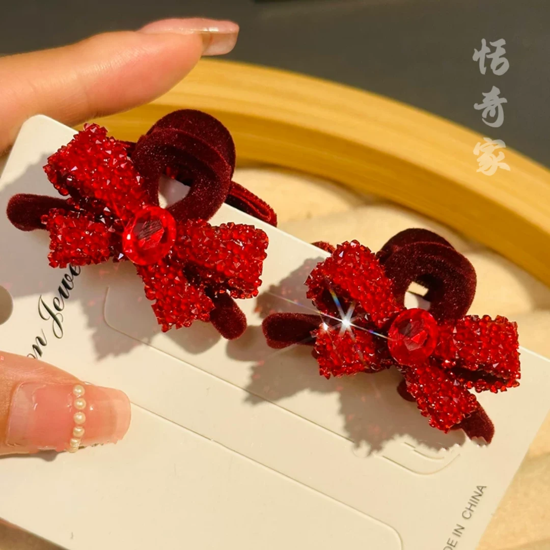 恬奇家5511“砂糖公主”圣诞新年红色小边夹抓夹丝绒双面气质冬满钻