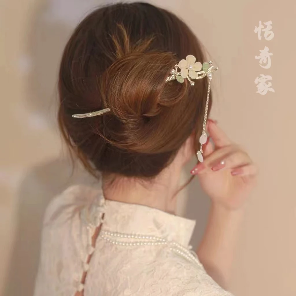 恬奇家a763 “精致玉兰花”流苏发簪简约现代盘发步摇簪子简约中式