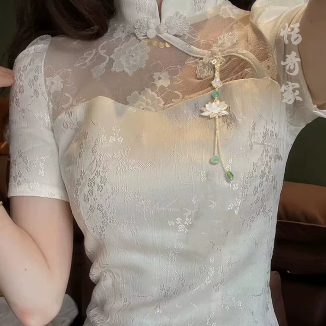 合金胸针 恬奇家a761“步步生莲”高定如意珠珠莲花压襟胸针手工