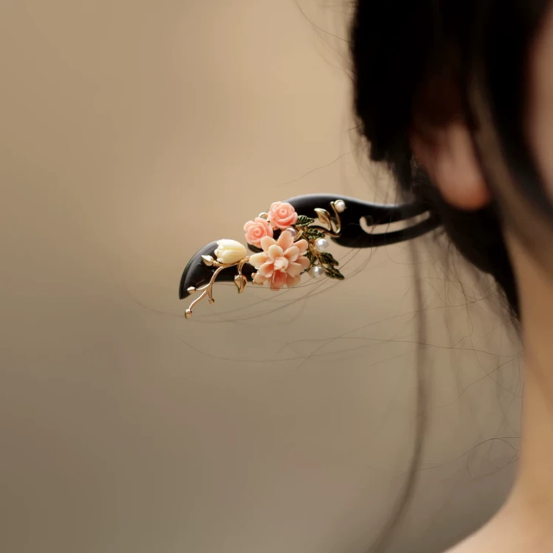 恬奇家a740“精致桃花”高定木质发簪粉色原创设计百搭日常夏日气质