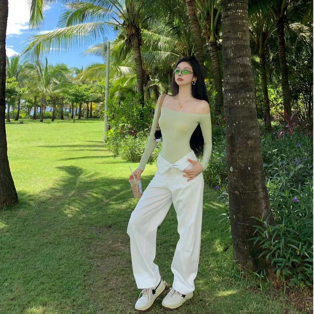 辣妹超显身材性感一字肩连体打底上衣女秋季新款百搭露肩长袖T恤