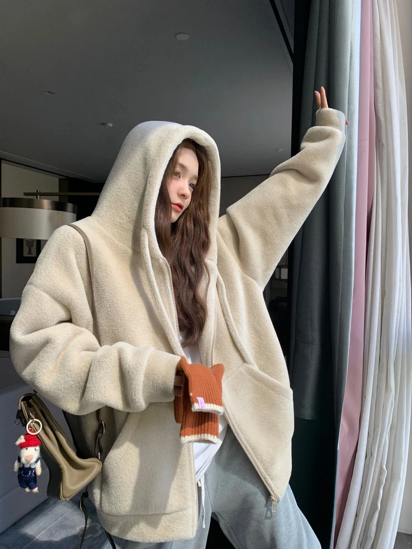 杏色羊羔毛绒保暖加厚卫衣外套休闲宽松裤子女2023冬季新款两件套