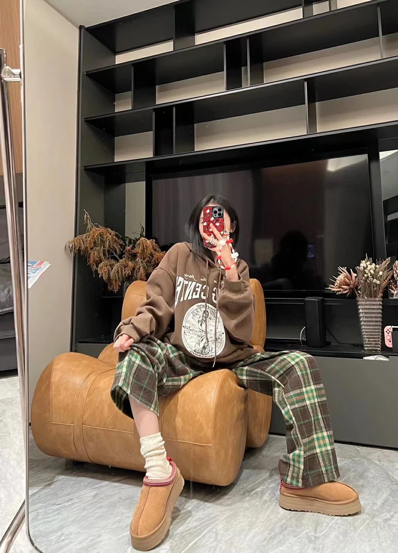 宽松连帽卫衣外套加绒加厚上衣女秋冬复古格子休闲宽松阔腿裤套装