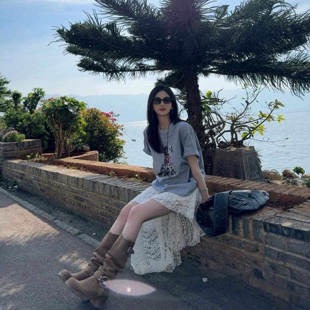 灰色美式复古短袖t恤女2025夏季新款设计感oversize潮牌休闲上衣