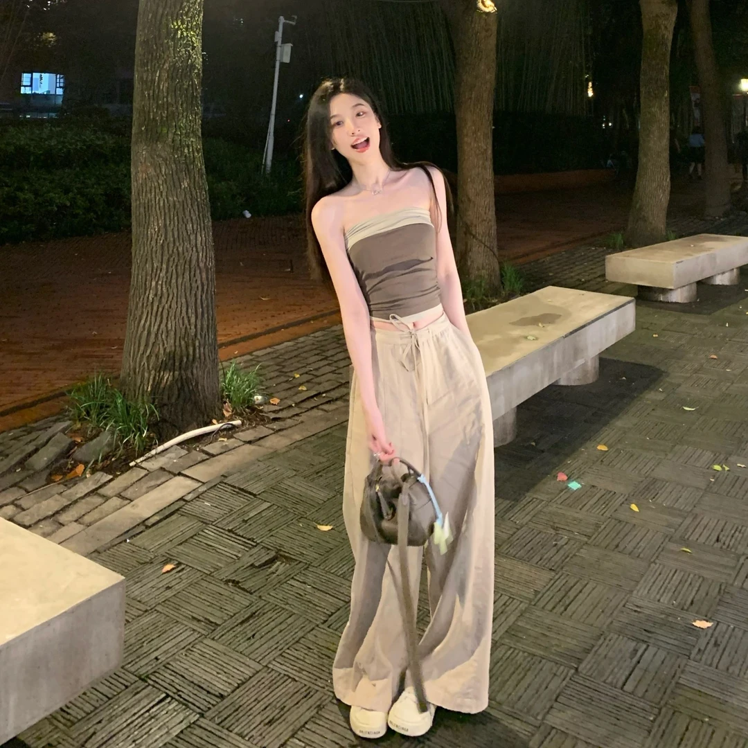 2025夏季新款辣妹纯欲修身显瘦抹胸背心基础百搭短款上衣高腰裤子