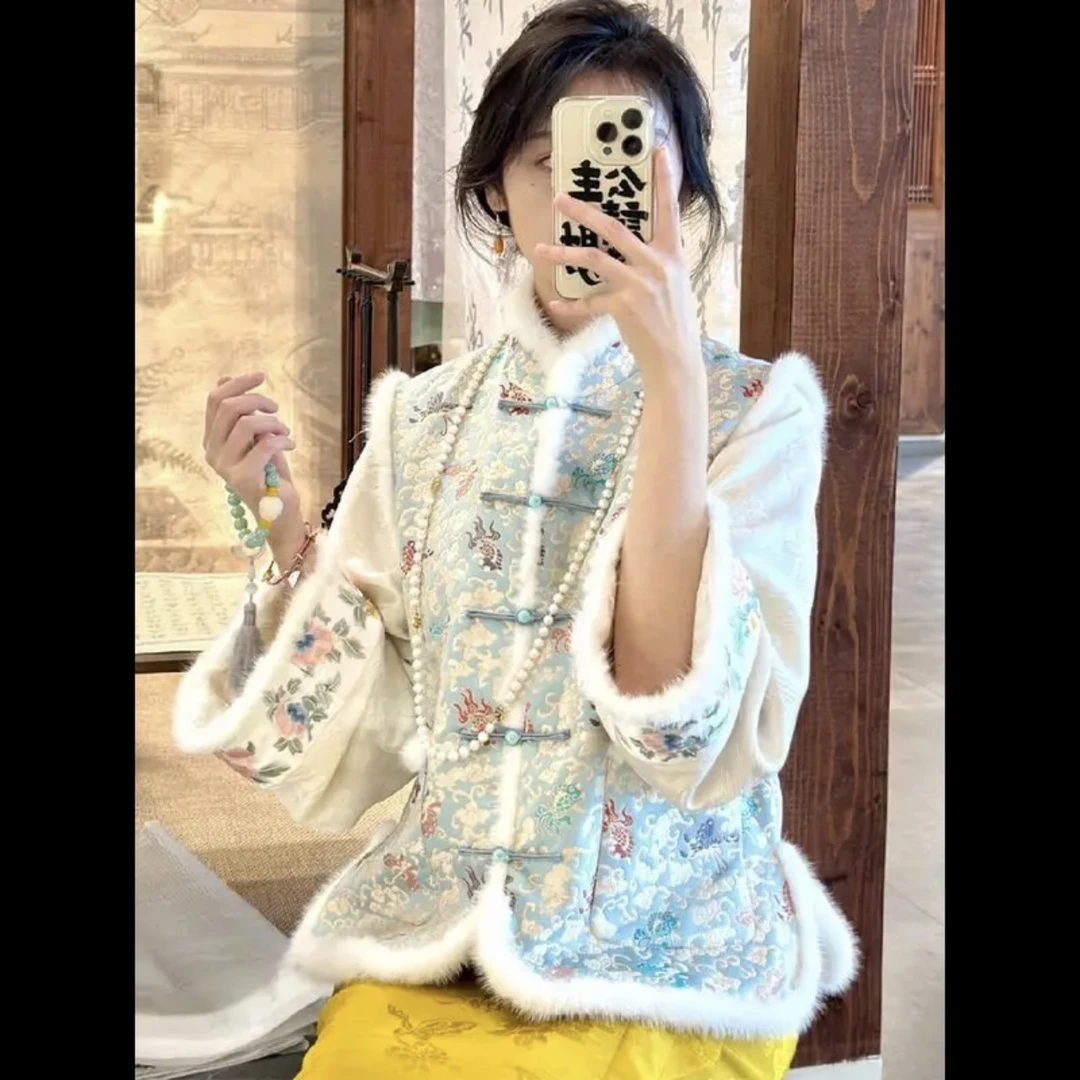 (鑫鑫家）6255（金鱼闹彩蝶夹棉）加厚新中式国风马甲