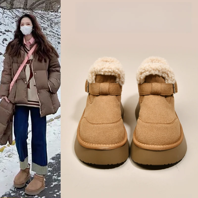 厚底雪地靴女加绒保暖棉鞋2024新款秋冬复古一脚蹬增高毛毛勃肯鞋