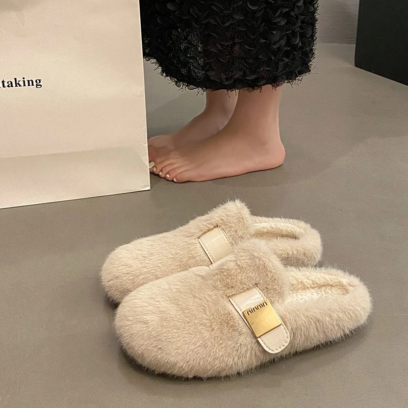 水貂毛厚底增高毛毛拖鞋女外穿2024新款秋冬高级感毛绒包头棉拖鞋