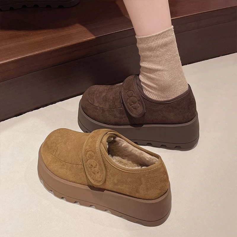 厚底勃肯女鞋加绒加厚毛毛棉鞋2024新款冬季低帮雪地靴复古乐福鞋