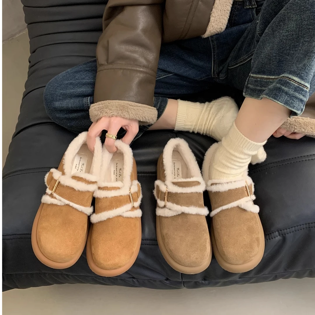 厚底复古乐福鞋毛毛单鞋女2024新款冬季加绒保暖棉鞋勃肯鞋棉鞋