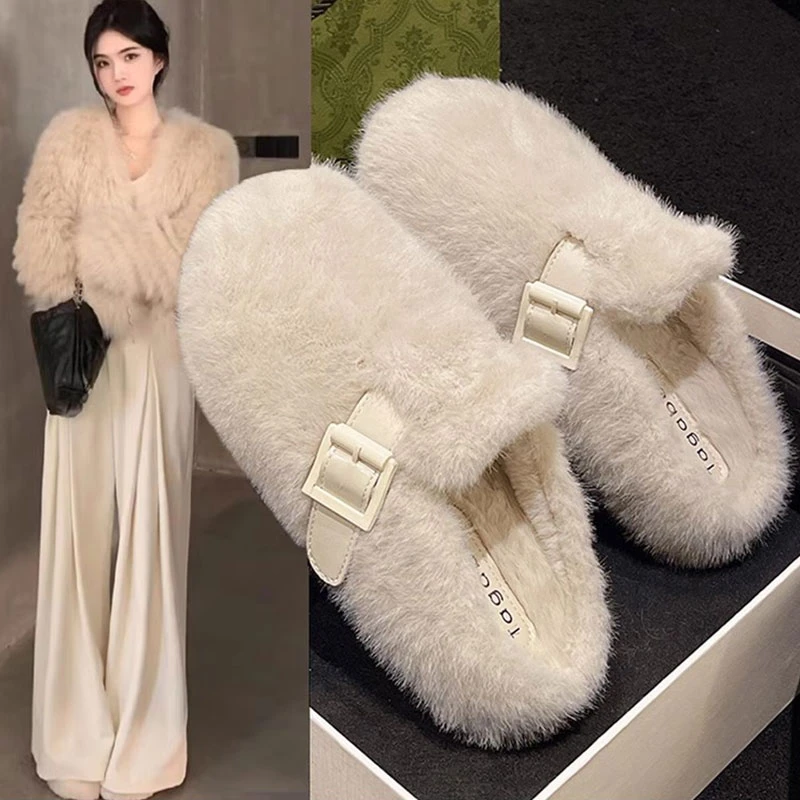 毛毛拖鞋女外穿2025新款秋冬一脚蹬时尚外出包头半拖棉拖鞋毛毛鞋