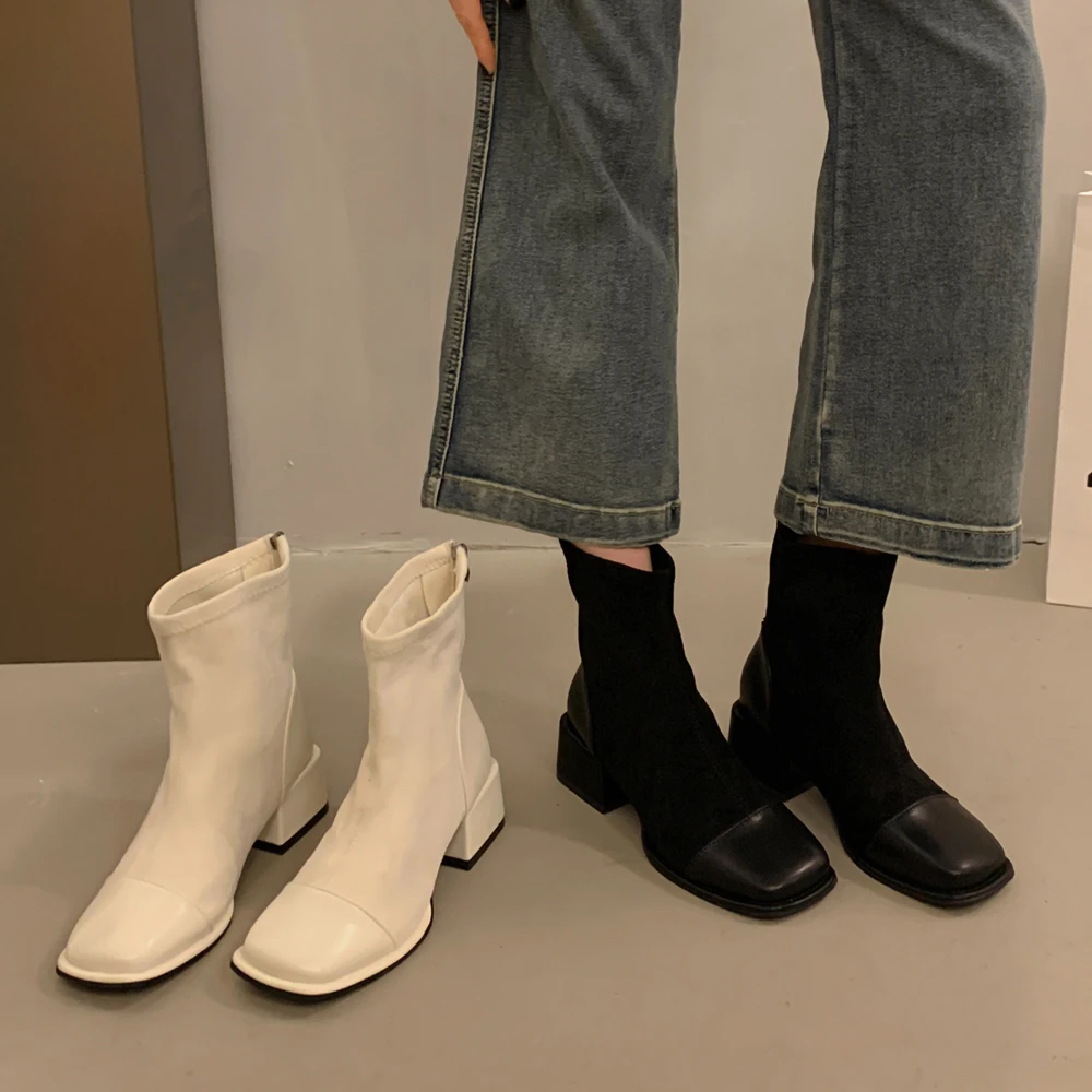 法式粗跟拼接马丁靴女2024秋冬新款加绒小踝靴方头瘦瘦短筒靴单靴