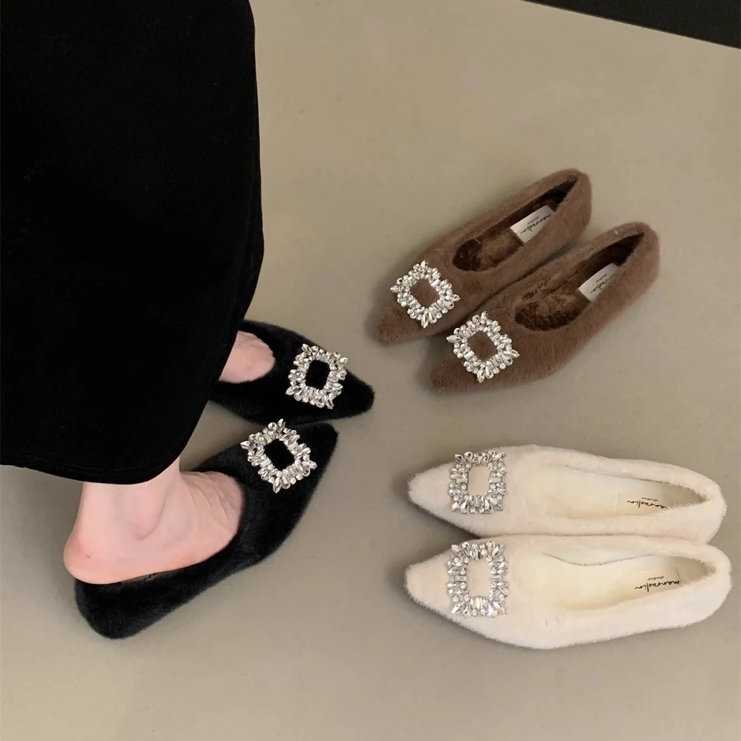 尖头毛毛鞋女秋冬外穿2024新款韩版女士气质平底单鞋加绒豆豆鞋子