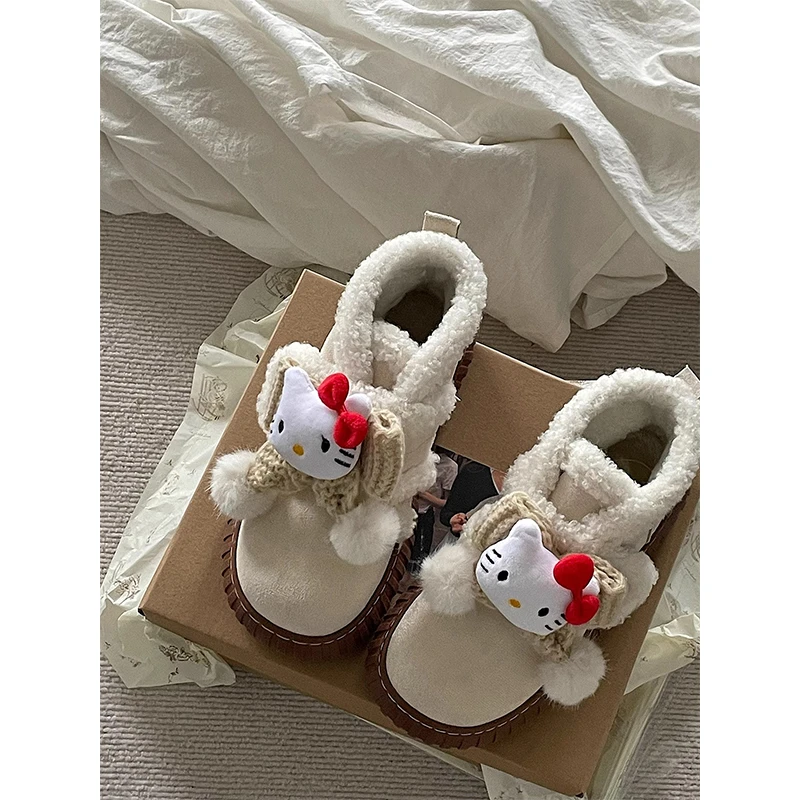 时尚可爱卡通凯蒂猫雪地靴子女2023年秋冬季新款加绒加厚毛毛棉鞋