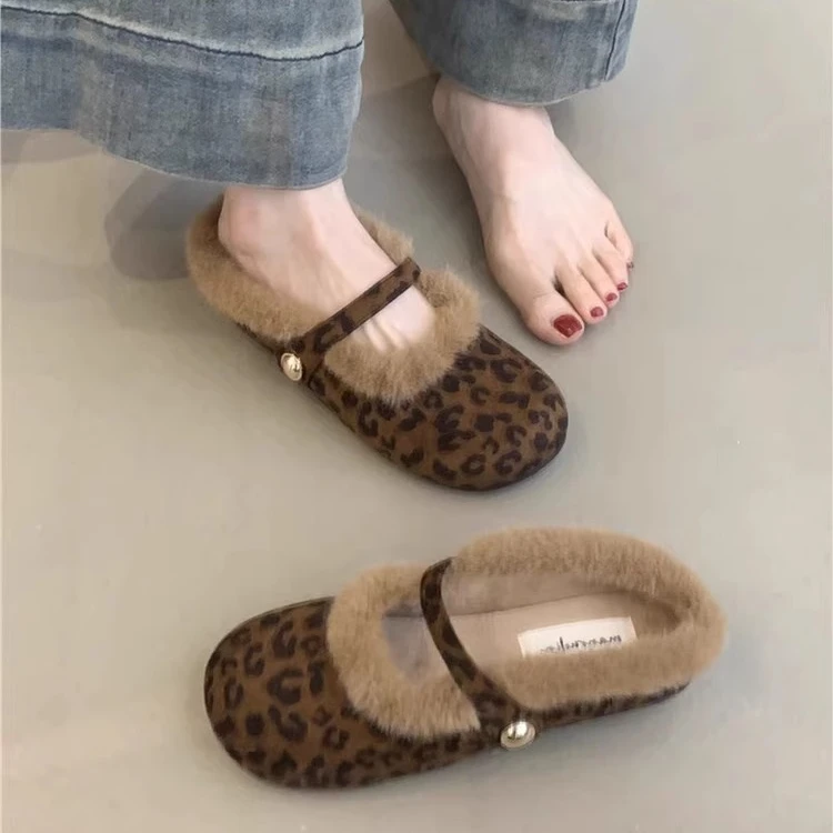 温柔仙女毛毛鞋女2024秋冬新款法式懒人一脚蹬豹纹加绒包头半拖鞋