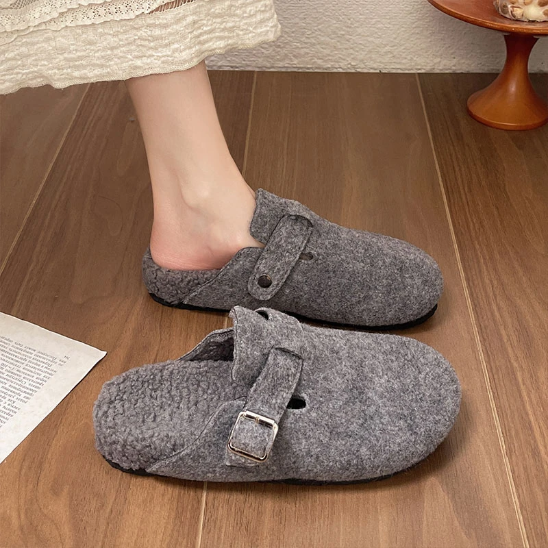 厚底秋冬季加绒勃肯鞋毛毛鞋女2024新款复古一脚蹬博肯包头半拖鞋