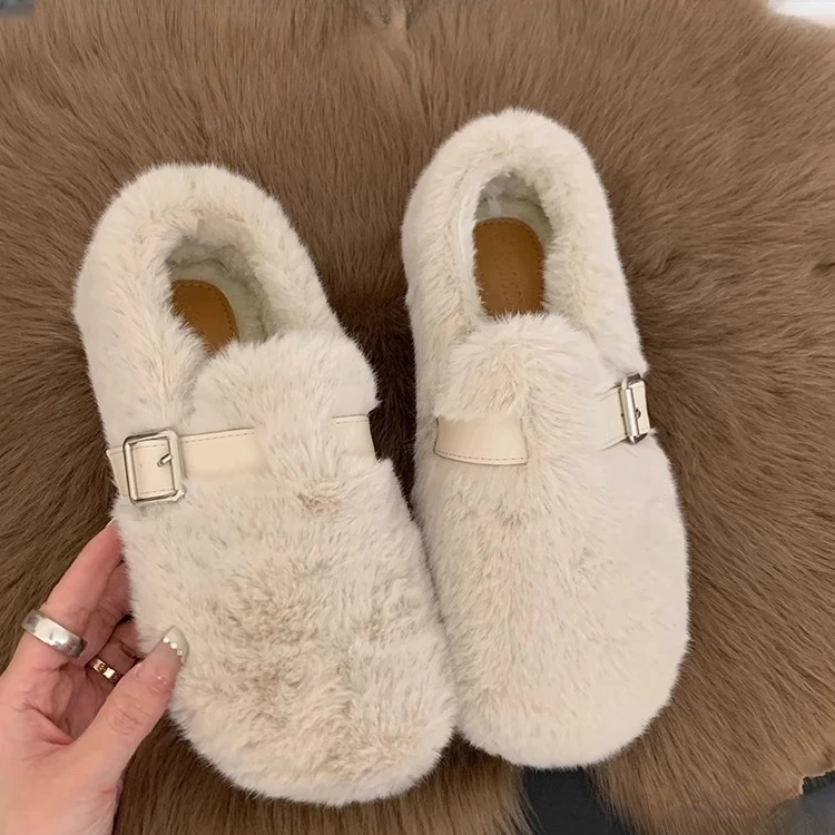 网红毛毛鞋女瓢鞋2024秋冬新款厚底加绒一脚蹬豆豆鞋孕妇保暖棉鞋