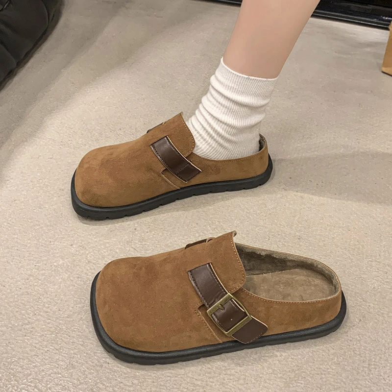 平底加绒勃肯半拖鞋女外穿包头毛毛拖鞋2024新款秋冬季博肯棉拖鞋