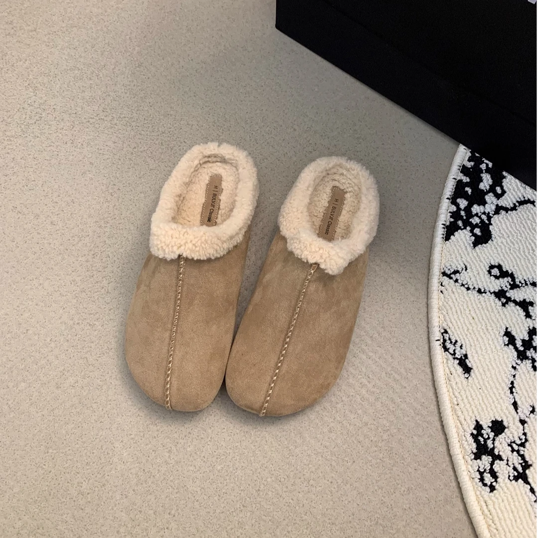 复古森系磨砂皮平底包头半拖鞋女2024年秋冬新款棉鞋加绒勃肯鞋