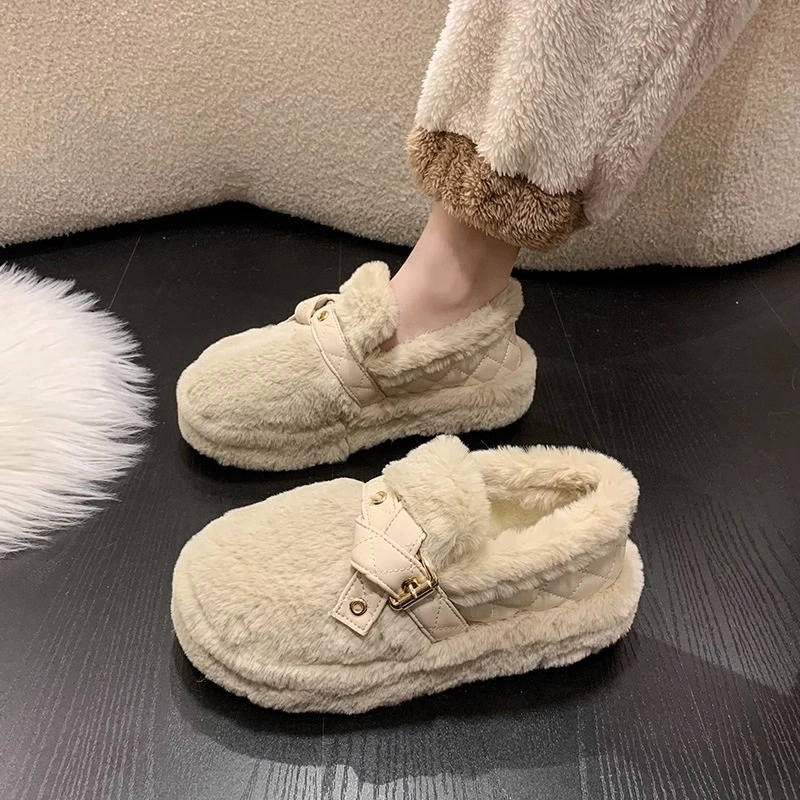 慵懒毛毛鞋女外穿厚底增高一脚蹬加绒保暖棉鞋2024秋冬新款豆豆鞋