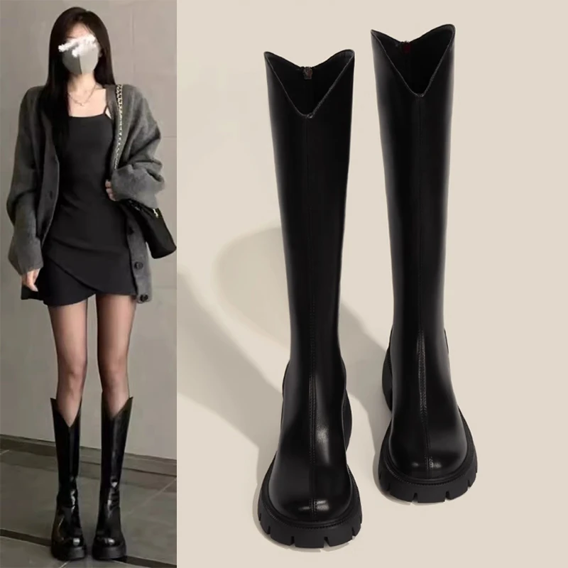 长筒靴女2023秋冬新款胖mm大筒围骑士靴v口粗跟厚底高筒瘦腿靴子