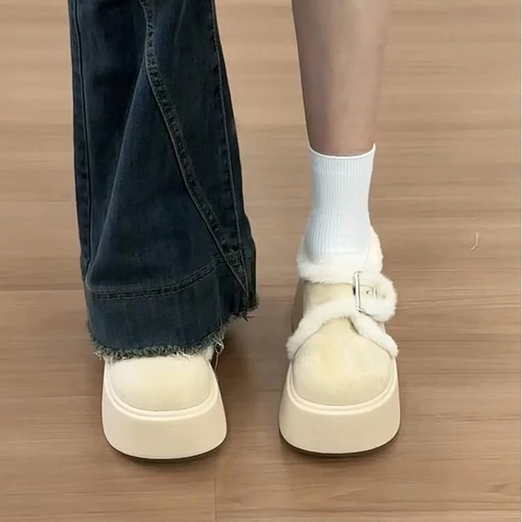 加绒松糕厚底勃肯棉鞋女冬季外穿2024新款小个子复古保暖毛毛鞋子