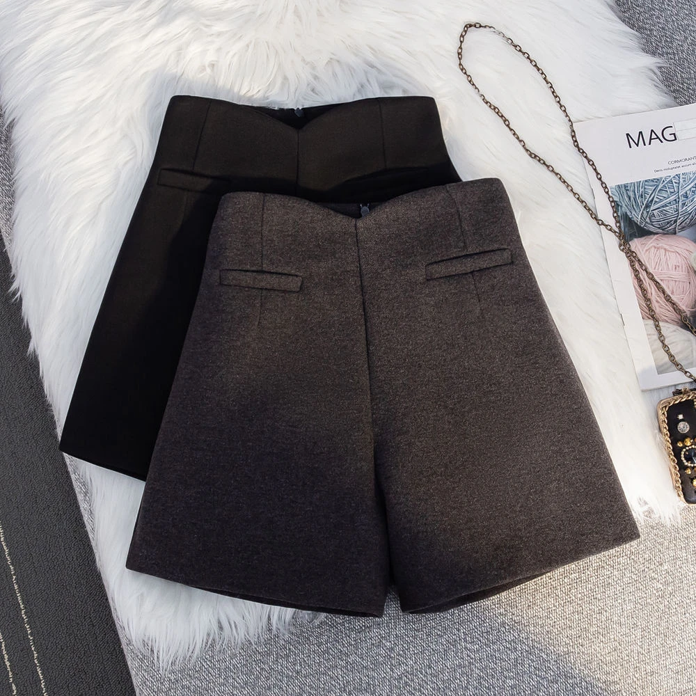 质感毛呢a字短裤女2024秋冬新款高腰修身花苞阔腿裤休闲外穿靴裤