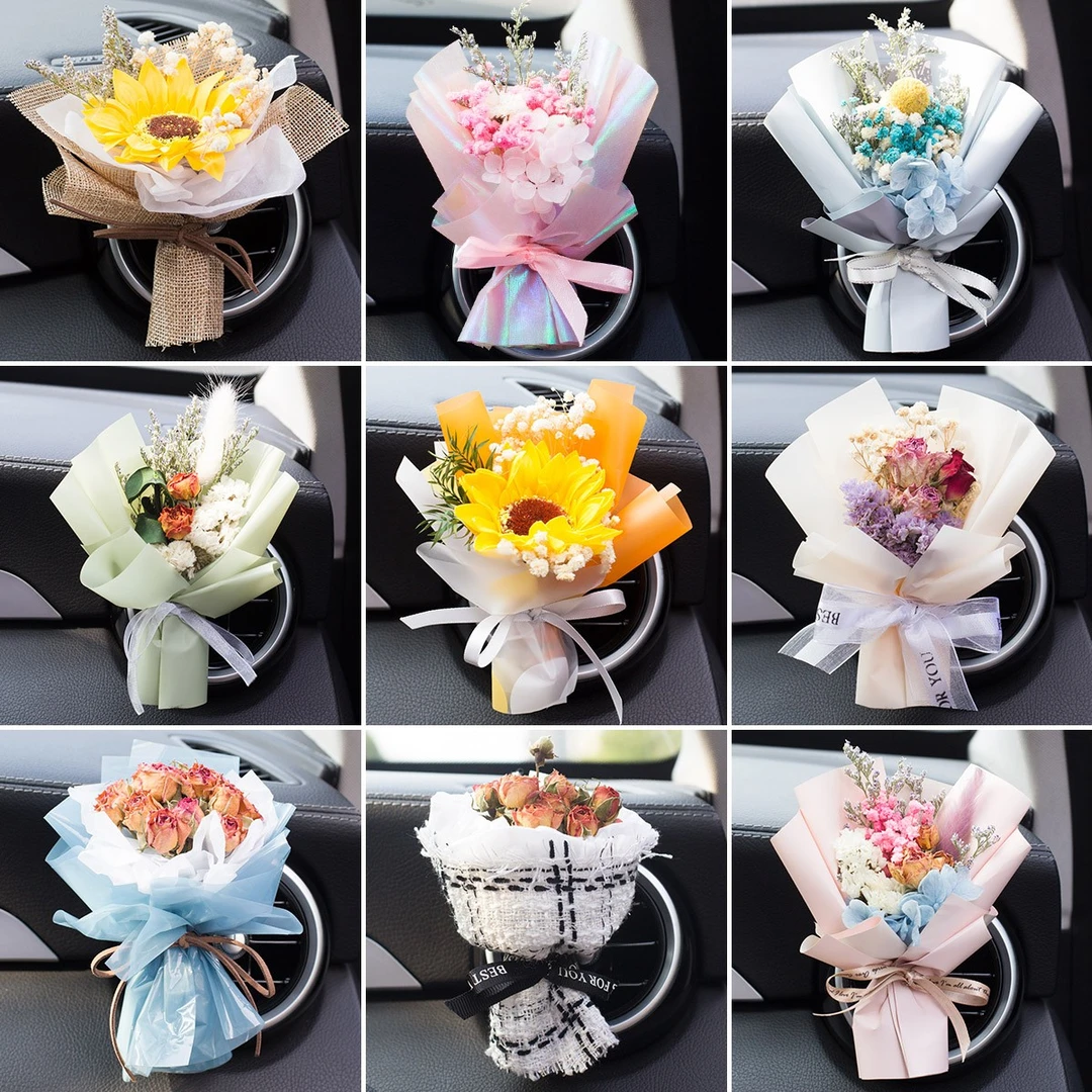 车载香薰出风口香水创意永生干花束汽车装饰摆件空调香氛夹玫瑰
