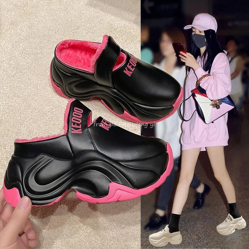 小个子毛毛拖鞋女外穿2023秋冬新款厚底欧货复古时尚坡跟棉拖鞋