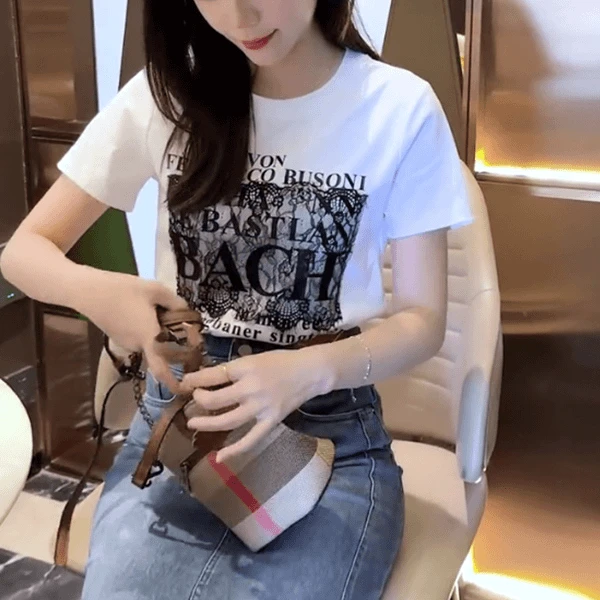 显瘦圆领T恤女短袖夏季新款字母印花洋气时尚宽松上衣休闲百搭