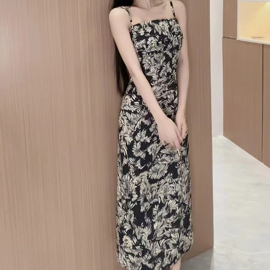 【雾影繁花】黑色平领碎花吊带女夏收腰显瘦长裙短款a字连衣裙