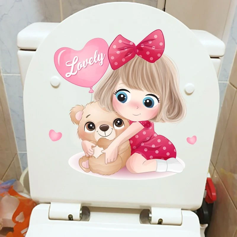抱熊的小女孩卧室客厅装饰贴画防水自粘厕所马桶贴纸