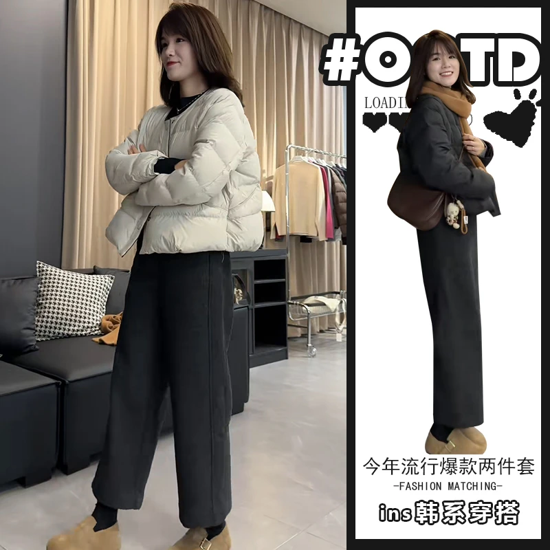 春秋韩版宽松短款棉服外套+高腰加绒休闲裤盐系简约百搭两件套潮