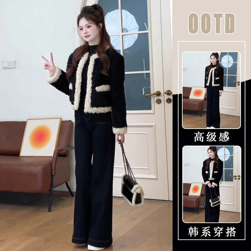 今年流行漂亮高级感套装春秋新款小香风黑色加厚外套+高腰牛仔裤