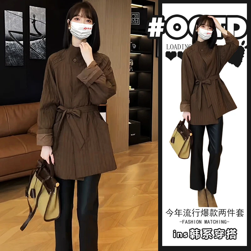 甜酷风独特洋气两件套女法式复古别致长袖外套+高腰显瘦pu皮裤潮