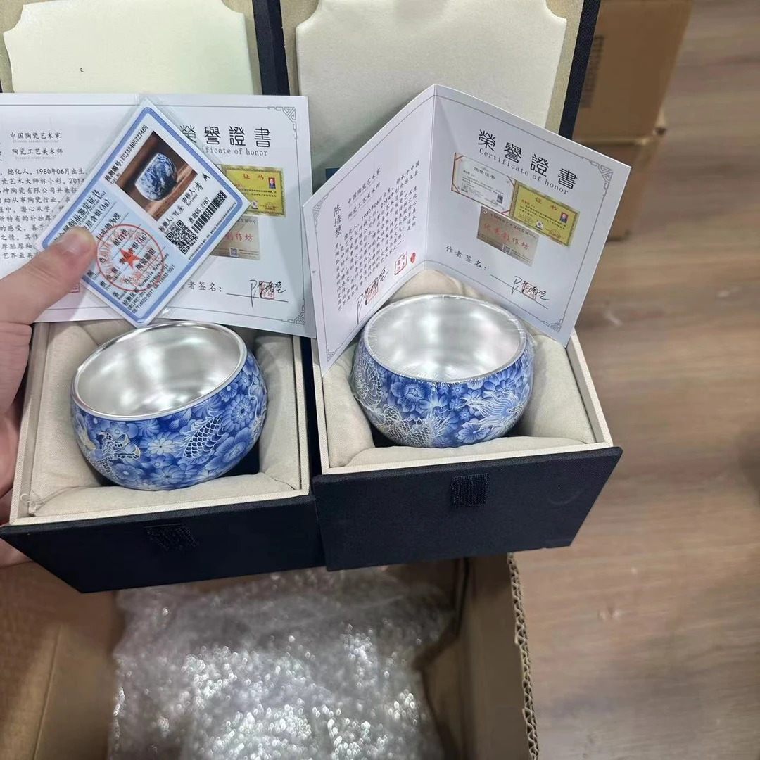 陈培堃高端青花掐丝银龙纹鎏银主人杯（两只装）1360x2