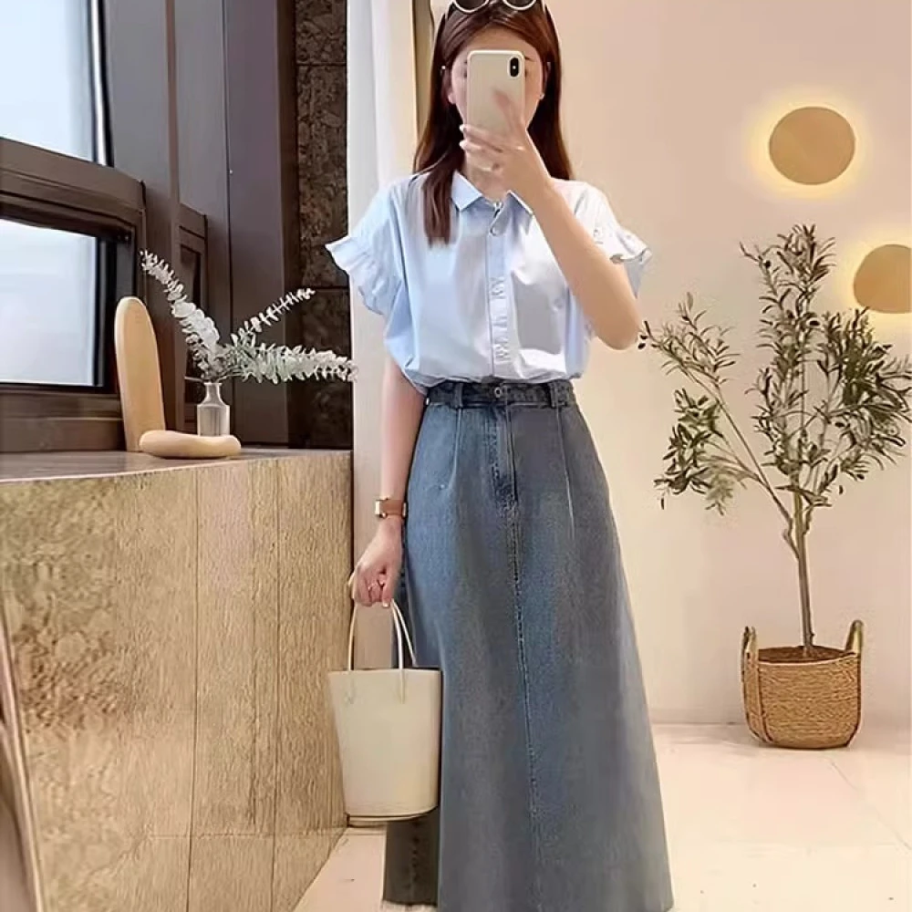 大码胖mm盐系穿搭夏季时髦蓝色衬衫牛仔半身裙减龄遮肉显瘦两件套