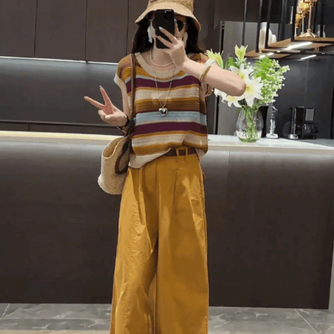 2024夏季新款小众设计款透气条纹针织短袖上衣高腰显瘦阔腿九分裤